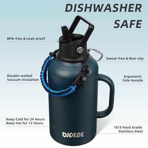 64oz Insulated Water Bottle with Straw Lid Large Stainless Steel Jug