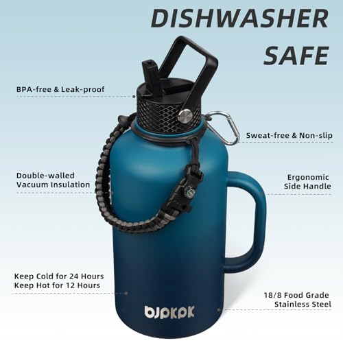 64oz Insulated Water Bottle with Straw Lid Large Stainless Steel Jug
