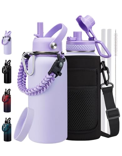 32oz Stainless Steel Water Bottle with Straw & Paracord Handle Leak Proof (9 Count)
