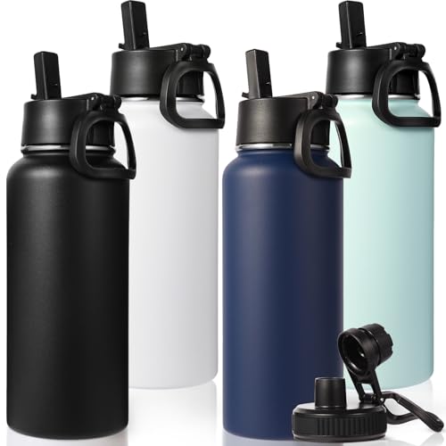 32 oz Insulated Water Bottles Bulk with 2 Lids (4 Count)