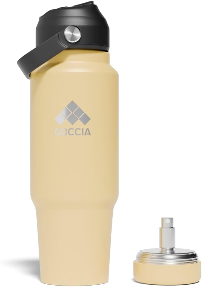 Sip & Scent 2-in-1 Smart Design 30 oz Insulated Water Bottle with Straw and Spout Lids and Refillable Perfume Container – 3-Layer Copper-Core, Leak-Proof Stainless Steel Water Bottle (Warm Sand)