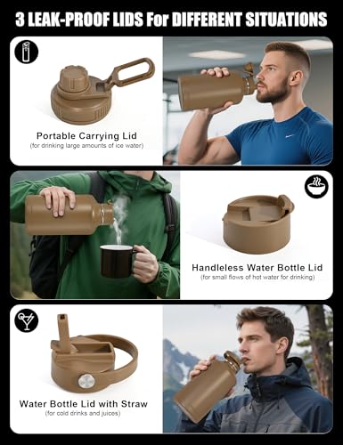 64 Oz Brown Tactical Water Bottle with 3 Lids