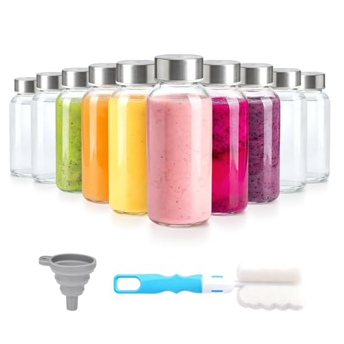 8 oz Small Glass Juice Bottles with Stainless Steel Lids Leak Proof (10 Count)