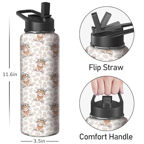 40oz Highland Cow Water Bottle with Handle and Flip Straw