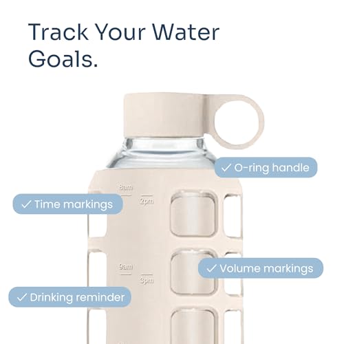 40oz / 32oz / 22oz / 12oz Borosilicate Glass Water Bottle with Time & Volume Markers, Silicone Sleeve, Stainless Steel Lid | Reusable Glass Bottle for Water & Juice (32oz Pearled Ivory)