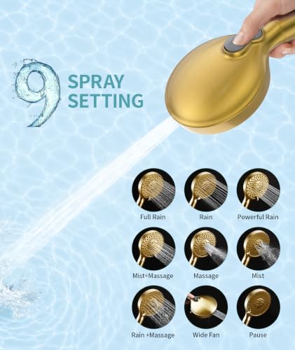 Filtered Shower Head with Handheld High Pressure 9 Spray Mode Showerhead Detachable Shower Head Water Softener Filters Beads for Hard Water Remove Chlorine 4 Filters Brushed Gold