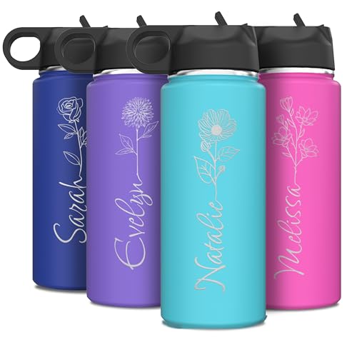 Personalized Birth Flower Name Insulated Stainless Steel Water Bottle 18 oz