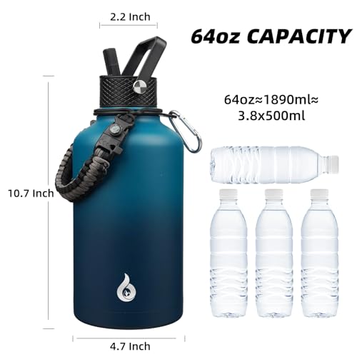 64oz Insulated Water Bottle with Straw Lid Large Stainless Steel Jug
