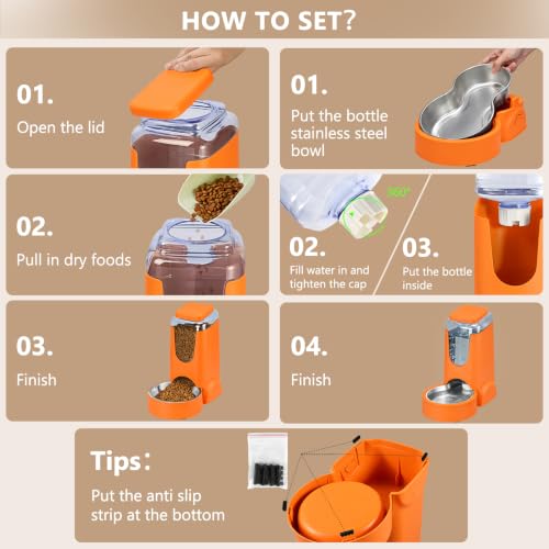 Portable Automatic Cat Feeder and Water Dispenser with Stainless Steel Bowl Dog Gravity Food Feeder and Waterer for Small Medium Pets Puppy Kitten 1 Gallon x 2