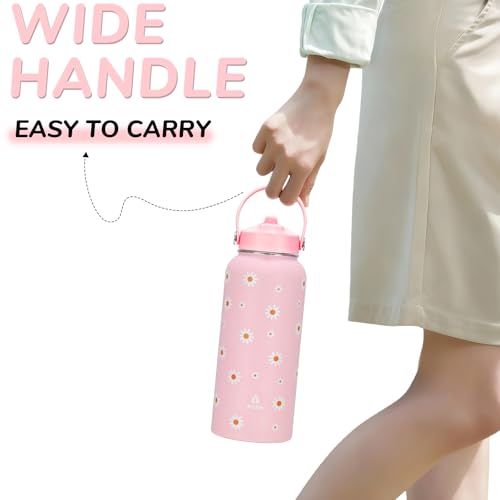 32oz Pink Daisy Insulated Water Bottle for Women with Straw