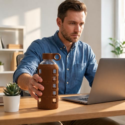 40oz / 32oz / 22oz / 12oz Borosilicate Glass Water Bottle with Time & Volume Markers, Silicone Sleeve, Stainless Steel Lid | Reusable Glass Bottle for Water & Juice (22oz Earth Brown)