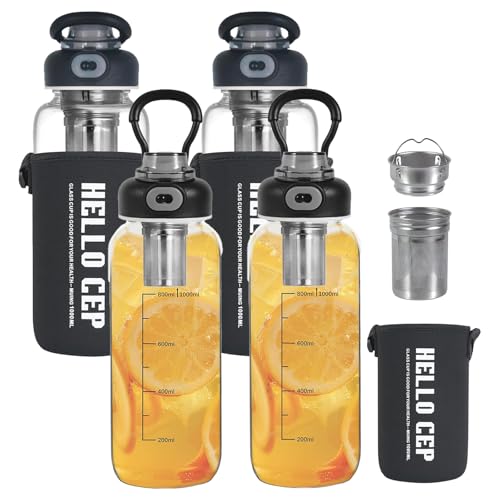 34oz Glass Water Bottle with capacity Mark & Stainless Steel Tea Strainer