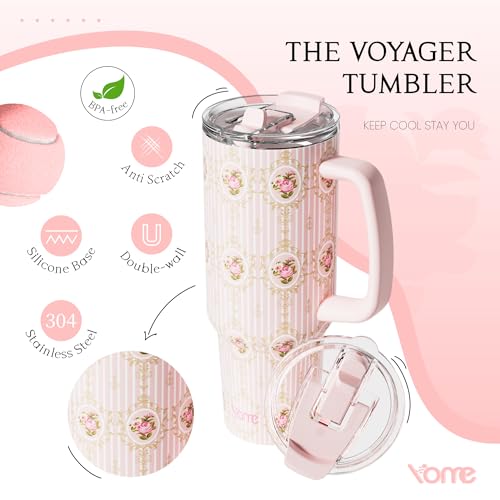 40oz Vintage Floral Tumbler with Handle and Flip Straw