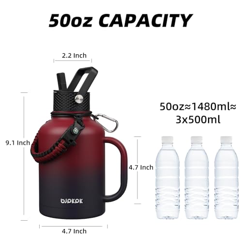50oz Insulated Water Bottle with Straw Lid Stainless Steel Water Jug
