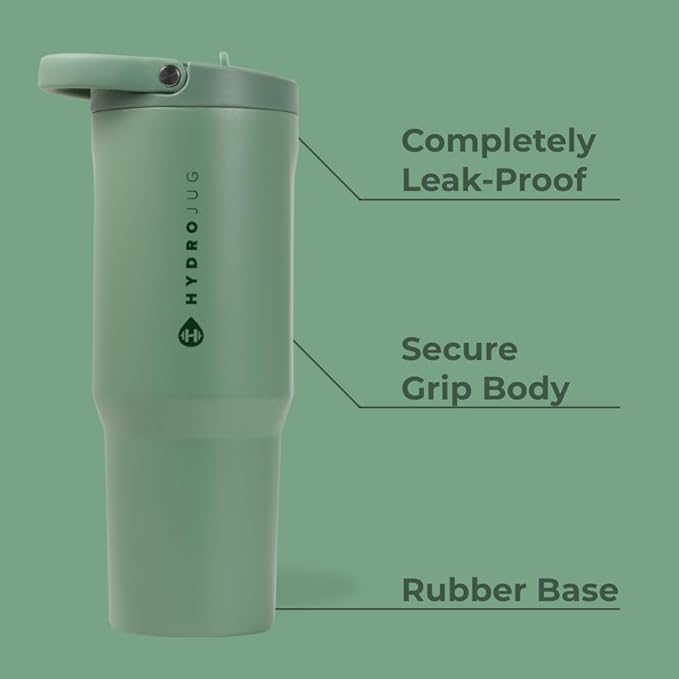 HydroJug Sport - Stainless Steel Tumbler with Straw, Vacuum Insulated, 32oz Leakproof Water Bottle, Ergonomic Design, Reusable, Dishwasher Safe, Rubber Base, Durable for Gym or Outdoors, Sage