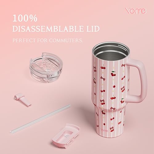 DetaClean 40oz Stripe Cherry Pink Tumbler with Handle and Flip Straw for Women