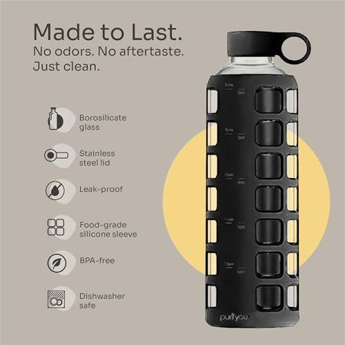 40oz / 32oz / 22oz / 12oz Borosilicate Glass Water Bottle with Time & Volume Markers, Silicone Sleeve, Stainless Steel Lid | Reusable Glass Bottle for Water & Juice (40oz Jet Black) (4 Count)