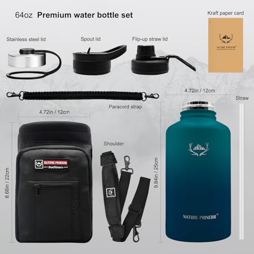 64 oz Insulated Water Bottle with Carrier Bag & 3 Lids