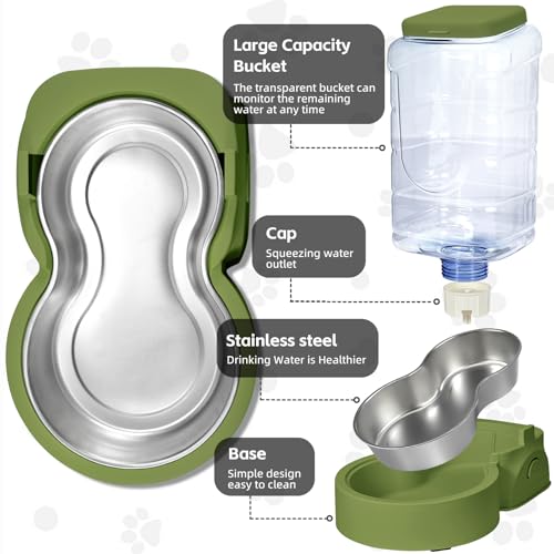 Portable Automatic Cat Feeder and Water Dispenser with Stainless Steel Bowl Dog Gravity Food Feeder and Waterer for Small Medium Pets Puppy Kitten 1 Gallon x 2