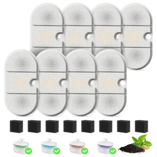 Cat Water Fountain Replacement Filters 71oz 2.1L Capsule 8 Pack + 8 Sponges (16 Count)
