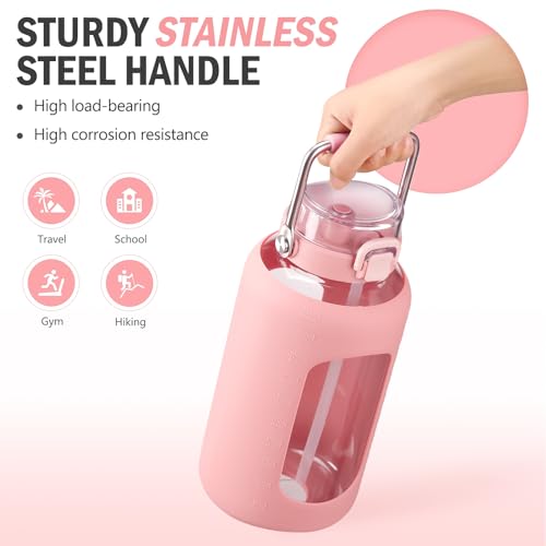 84oz Water Bottle Glass with Stainless Steel Handle Large 2.5l Water Bottle with Time Markers and Silicone Sleeve Half Gallon Water Jug BPA Free for Gym Daily Use