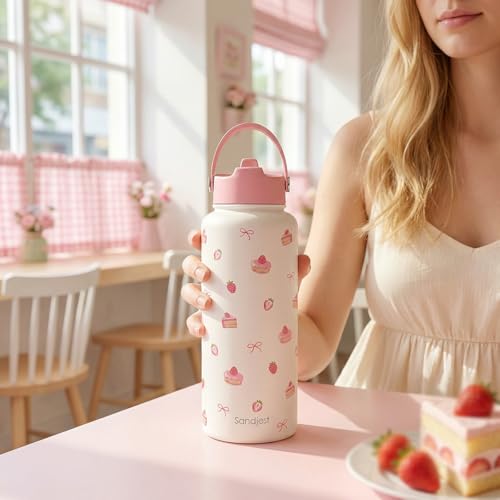 Strawberry Cakes Water Bottle Stainless Steel 32oz with Lid & Straw