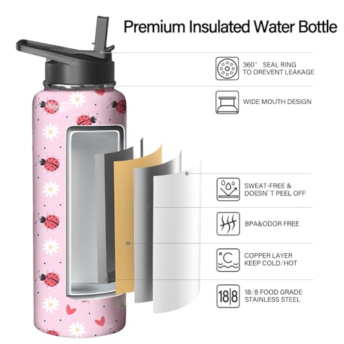40oz Ladybug Water Bottle with Handle and Flip Straw