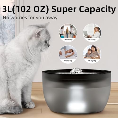 W8 Quiet Stainless Steel Dog & Cat Water Fountain with LED Light