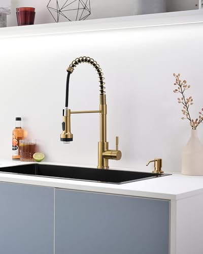 Gold LED Kitchen Faucet with Soap Dispenser and Pull Down Sprayer