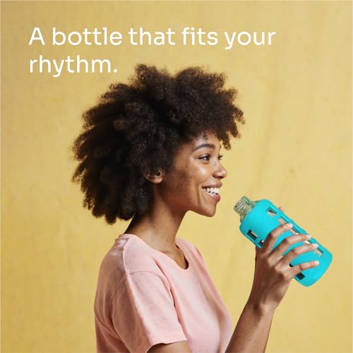 40oz / 32oz / 22oz / 12oz Borosilicate Glass Water Bottle with Time & Volume Markers, Silicone Sleeve, Stainless Steel Lid | Reusable Glass Bottle for Water & Juice (22oz Aqua Blue)