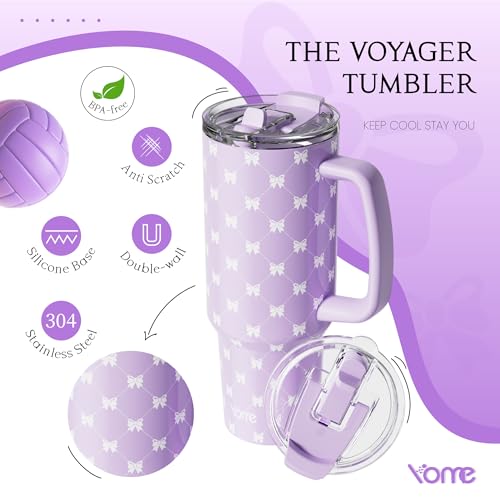 40oz Purple Bow Tumbler with Handle and Flip Straw