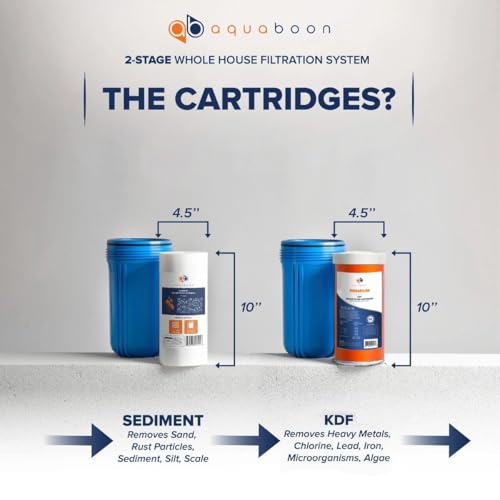 2 Stage Whole House Water Filtration System with 5 Micron 10x4.5 Reducing Sediment and KDF Heavy Metals Water Filter Purification Cartrige