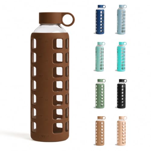 40oz / 32oz / 22oz / 12oz Borosilicate Glass Water Bottle with Time & Volume Markers, Silicone Sleeve, Stainless Steel Lid – Reusable Glass Bottle for Water & Juice (32oz Earth Brown)