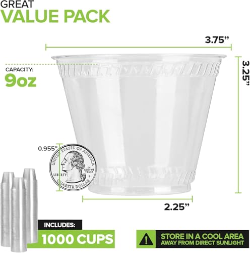 9 oz Clear PLA Cold Cups 1000 Pack Disposable Cups for Water Wine Beer Samples (1000 Count)