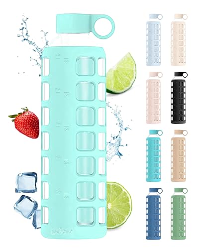 40oz / 32oz / 22oz / 12oz Borosilicate Glass Water Bottle with Time & Volume Markers, Silicone Sleeve, Stainless Steel Lid | Reusable Glass Bottle for Water & Juice (32oz Glow-in-the-Dark)
