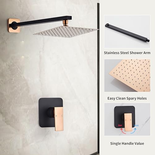 Shower Faucet Set Bathroom Matte Black and Rose Gold Rainfall Shower System Wall Mount with 8 Inch Square Shower Head