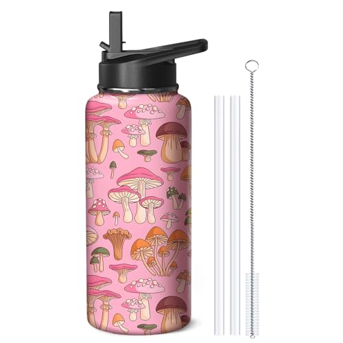 32oz Mushroom Water Bottle with Handle and Flip Straw