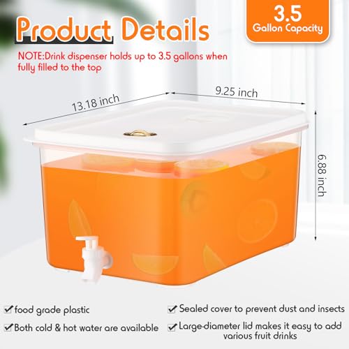 2 Pack 3.5 Gallon Drink Dispenser for Fridge with Spigot Water Dispenser Leak Proof Lids Filter Screen Beverage Juice Container Sealed Plastic Lemonade Milk Cold Hot Drink Tea Jug for Party (2 Count)
