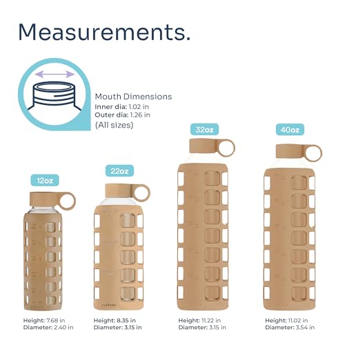 40oz / 32oz / 22oz / 12oz Borosilicate Glass Water Bottle with Time & Volume Markers, Silicone Sleeve, Stainless Steel Lid | Reusable Glass Bottle for Water & Juice (32oz Iced Coffee)