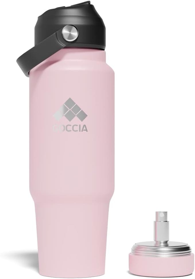 Sip & Scent 2-in-1 Smart Design 30 oz Insulated Water Bottle with Straw and Spout Lids and Refillable Perfume Container – 3-Layer Copper-Core, Leak-Proof Stainless Steel Water Bottle (Pink)