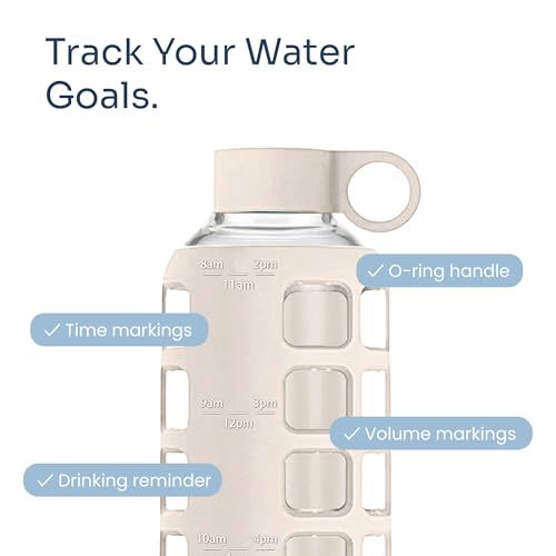 40oz / 32oz / 22oz / 12oz Borosilicate Glass Water Bottle with Time & Volume Markers, Silicone Sleeve, Stainless Steel Lid | Reusable Glass Bottle for Water & Juice (22oz Pearled Ivory)