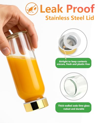 10.5 oz Glass Juice Bottles with Stainless Steel Gold Lid Leak Proof (8 Count)