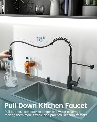 Matte Black LED Kitchen Faucet with Soap Dispenser Pull