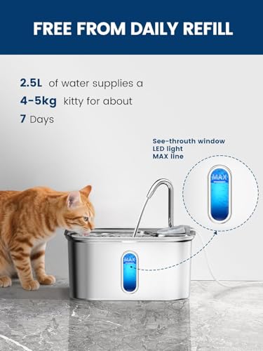 Cat Water Fountain Stainless Steel for Cats Indoor 2.5L 85oz by BPA