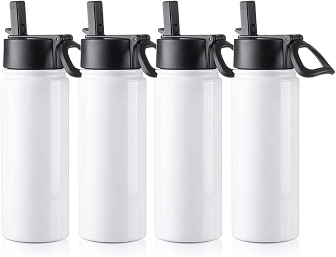PYD Life 4 Pack Sublimation Blank Kids Tumbler White Sports Water Bottles 18 OZ Wide Mouth Stainless Steel Vacuum Flask with Straw and Portable Handle for Tumbler Press Machine Sublimation Print