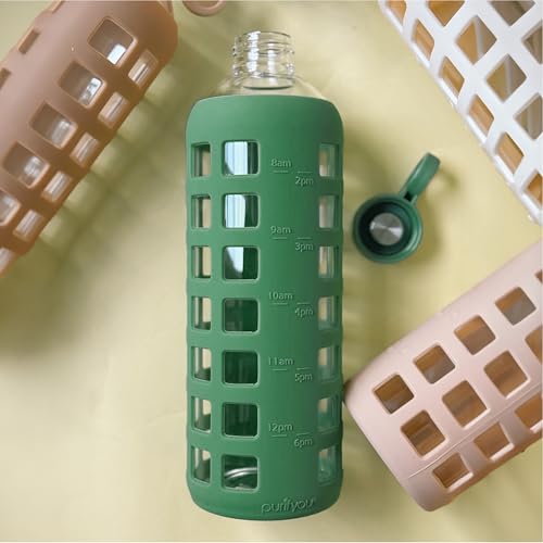 40oz / 32oz / 22oz / 12oz Borosilicate Glass Water Bottle with Time & Volume Markers, Silicone Sleeve, Stainless Steel Lid | Reusable Glass Bottle for Water & Juice (32oz Shale Green)