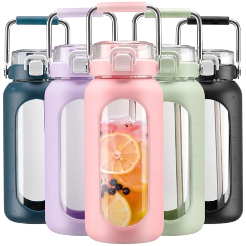 64oz Water Bottle Glass with Stainless Steel Handle Large Water Bottle with Time Markers and Silicone Sleeve Half Gallon Water Jug BPA Free for Gym Daily Use