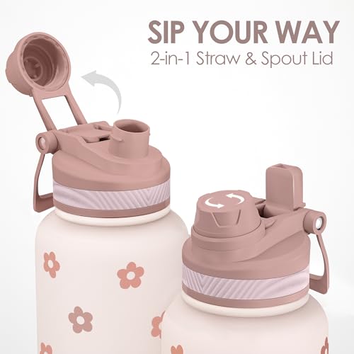 Beige Daisy Stainless Steel Water Bottle with Strap 32oz