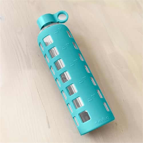 40oz / 32oz / 22oz / 12oz Borosilicate Glass Water Bottle with Time & Volume Markers, Silicone Sleeve, Stainless Steel Lid | Reusable Glass Bottle for Water & Juice (32oz Aqua Blue)
