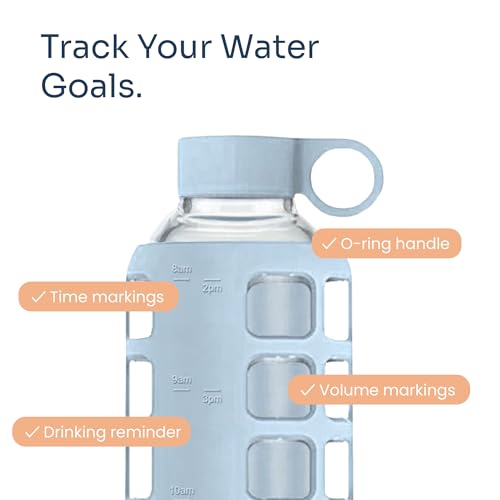 40oz / 32oz / 22oz / 12oz Borosilicate Glass Water Bottle with Time & Volume Markers, Silicone Sleeve, Stainless Steel Lid | Reusable Glass Bottle for Water & Juice (32oz Ice Blue)